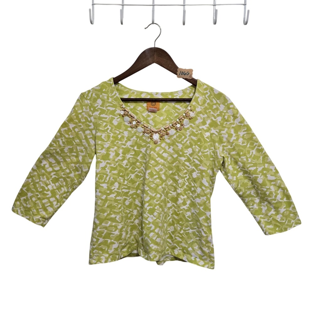 Ruby Rd Womens Lime Green Abstract Print Beaded V-Neck 3/4 Sleeve Top Size M